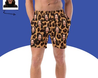 Costume da bagno personalizzato con stampa leopardata, pantaloncini da spiaggia personalizzati con foto, regalo divertente per lui, costume da bagno originale