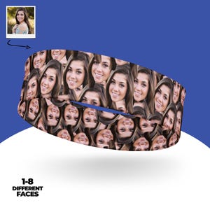May include: A headband with a repeating pattern of a woman's face. The faces are closely arranged, creating a collage effect. The text "1-8 DIFFERENT FACES" is displayed in a bold, black font.