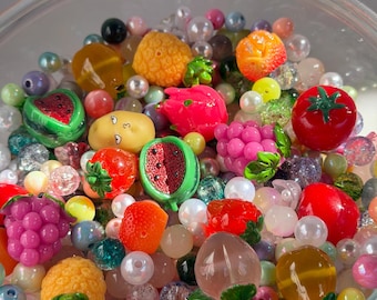 Fruit Parfait Bead Soup DIY Bracelet Kit, Resin Fruit, Pastel Pearls, Kawaii Craft Supplies