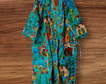 Kimono in cotone con stampa animalier: copricostume indiano fatto a mano
