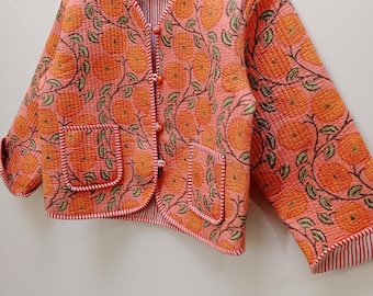 Indian Cotton Handmade Patchwork Quilted Jacket, Vintage Peach New Style Cotton Quilted Jacket, Reversible Women&#39;s Boho Coat, Gift for Her
