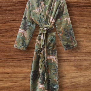 Jungle Print Velvet Kimono Jacket: Handmade Cotton Robe