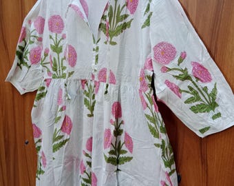Hand Block Print Cotton Gauze Dress: Earthy Floral Maxi Daywear