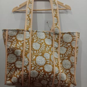 Handprinted Quilted Cotton Tote Bag: Reversible Boho Grocery Bag
