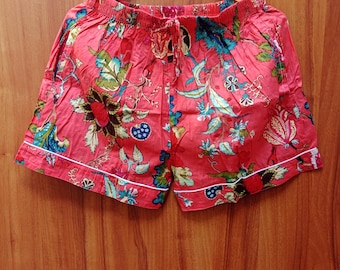 Floral Print Baumwoll Lounge Shorts: Handgemachter indischer Blockprint