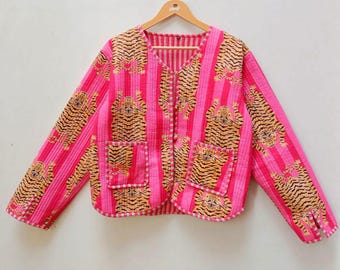 Floral Tiger print Indian Handmade Block Print Jackets, Coats, Boho ,Quilted, For Womens Jacket
