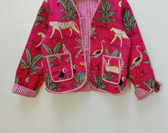 Handgemachte Baumwoll Steppjacke: Indischer Dschungel Print Boho Mantel