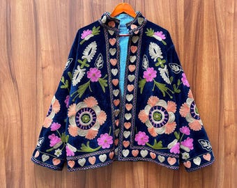 Suzani Embroidered Velvet Kimono Jacket: Handmade Boho Coat