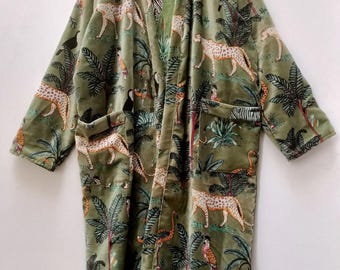 Floral Print Cotton Velvet Kimono Robe: Boho Duster Jacket