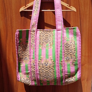 Handmade Indian Cotton Quilted Tote Bag: Floral Block Print