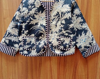 Boho double side wear Cotton Quilted Jacket Women Wear Front Open Kimono Stripe piping HandMade Vintage Quilted Jacket , Coats , New Style
