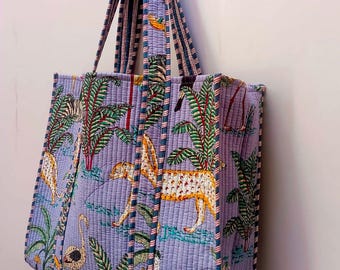 Handbedruckte, gesteppte Baumwolltasche: Wendetasche