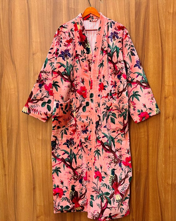 Handmade Bird Print Cotton Velvet Robe: Floral Morning Jacket