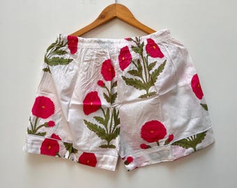 Floral Block Print Cotton Shorts: Boho Beach Comfy Loungewear