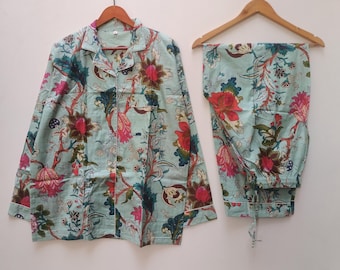 Baumwoll Pyjama Set: Indischer Block Print Damen Nachtanzug
