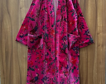 Handmade Bird Print Velvet Robe: Boho Kimono Jacket
