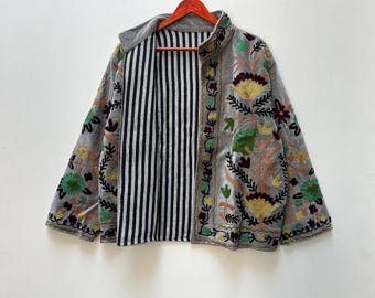 ベルベットのスザニ刺繍ジャケット：手縫いのカンタキルト