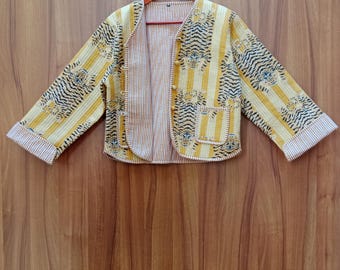 Hand Block Print Cotton Quilted Jacket: Floral Kantha Boho Coat