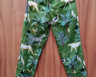 Green Jungle Print Pajama Pants: Boho Linen Trousers