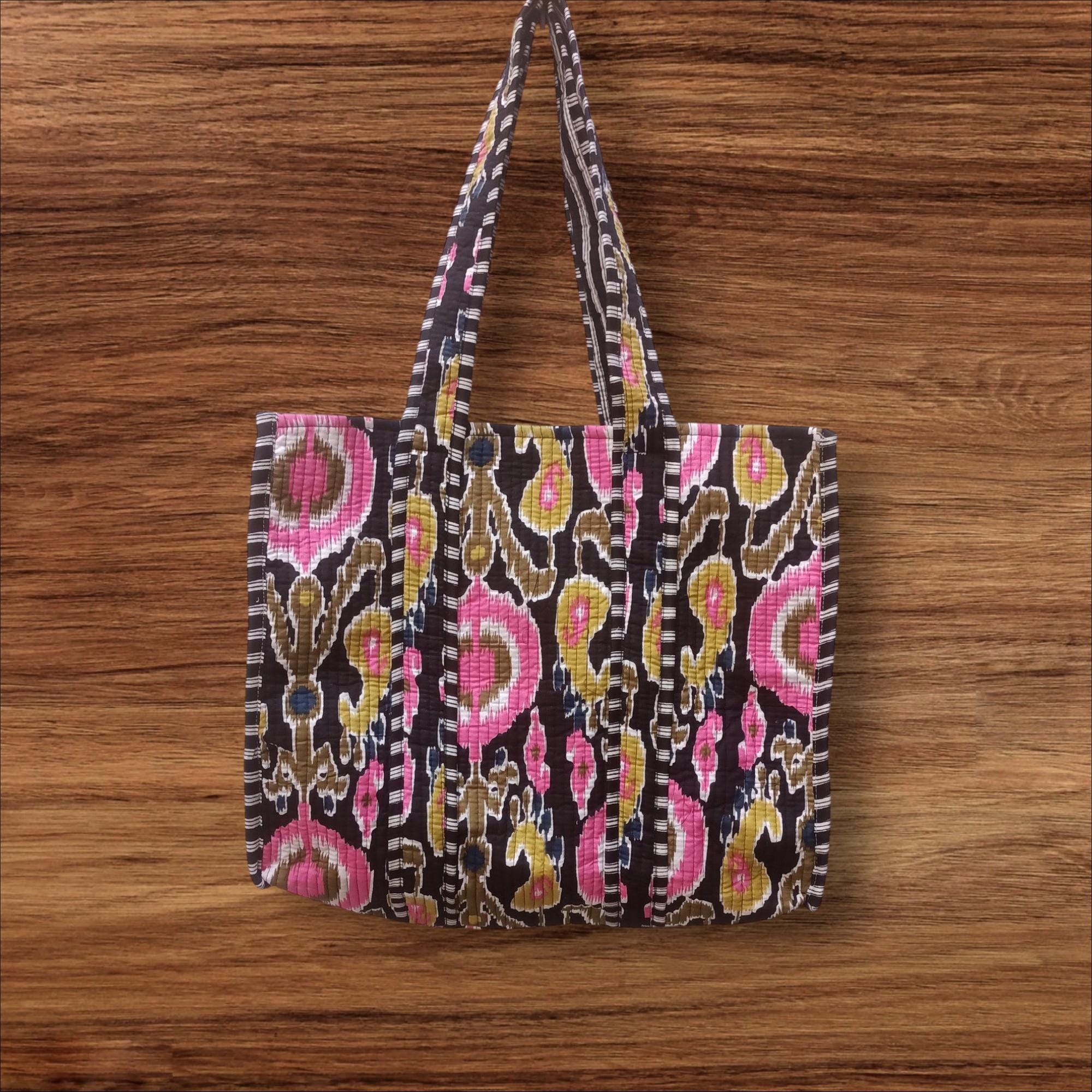 Floral Block Print Quilted Cotton Tote Bag: Reversible  display picture 1