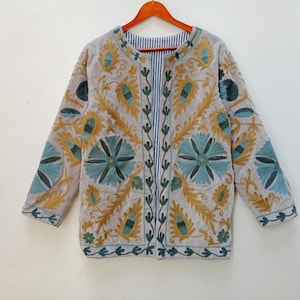 Handmade Suzani Velvet Quilted Jacket: Embroidered Boho Coat