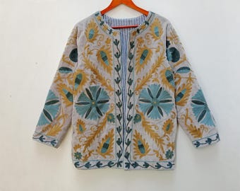 Handmade Suzani Velvet Quilted Jacket: Embroidered Boho Coat