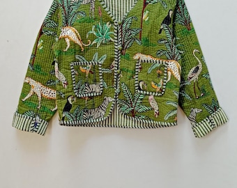 Handmade Reversible Quilted Jacket: Olive Green Jungle Print Cotton Coat