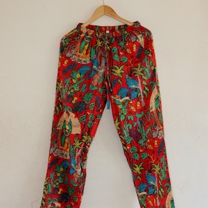 Red Frida Print Cotton Lounge Pants: Boho Harem Trousers