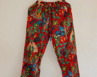 Red Frida Print Cotton Lounge Pants: Boho Harem Trousers