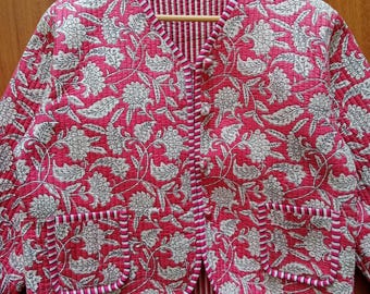 Reversible Block Print Quilted Cotton Jacket: Boho Patchwork Coat