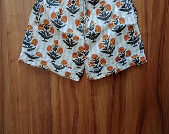 Floral Print Cotton Pajama Shorts: Handmade Indian Lounge Wear
