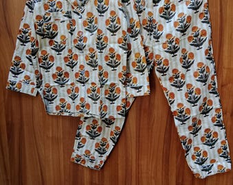 Indian Cotton Pajama Set: Floral Print Bridal Party Wear PJs