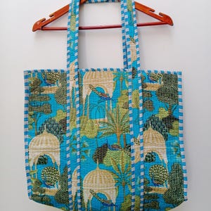 Block Printed Quilted Cotton Tote Bag: Reversible Floral Shoulder Bag