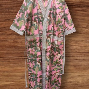 Animal Print Cotton Kimono Robe: Indian Handmade Beach Cover-Up