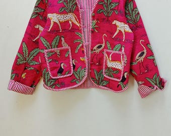 ハンドメイドリバーシブルフローラルキルティングジャケット、インド