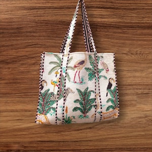 Handmade Quilted Cotton Tote Bag: Reversible Block Print, Large Boho Shopping Bag