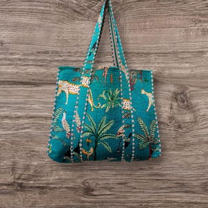 Handmade Jungle Print Quilted Cotton Tote Bag: Indian Market Bag