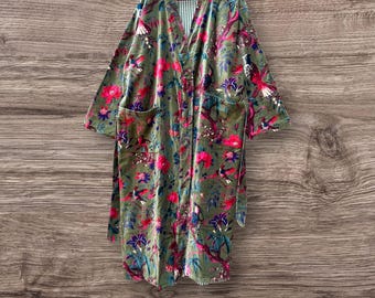 Peignoir kimono indien en velours de coton fait main : vêtements de nuit à imprimé floral