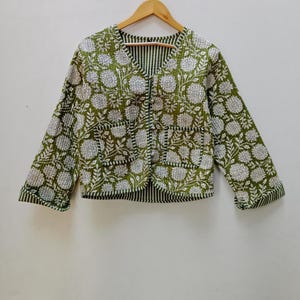Handmade Cotton Quilted Jacket: Floral Block Print Kimono