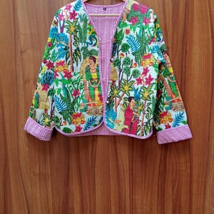 Floral Hand Block Print Cotton Kantha Jacket: Indian Quilted Boho Coat