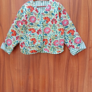 Floral Kantha Quilted Cotton Jacket: Reversible Boho Coat