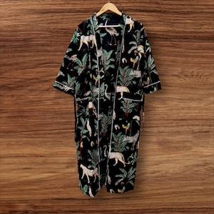 Floral Cotton Kimono Robe: Block Print Dressing Gown, Beach Cover-Up