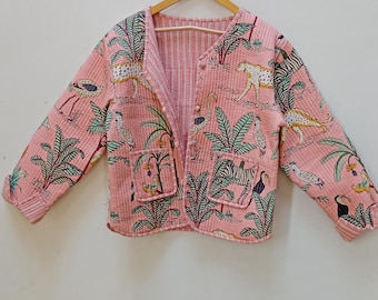 Handgemachte Baumwoll Steppjacke: Dschungel Print Wendemantel