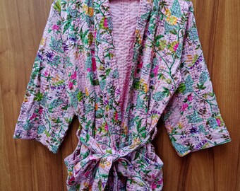 Floral Print Kantha Quilted Kimono Jacket: Reversible Cotton Patchwork Robe