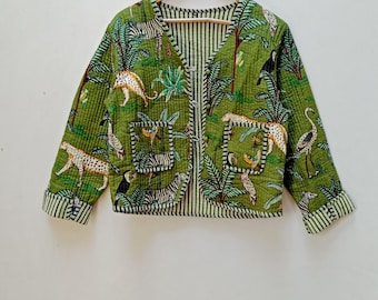 Handmade Green Jungle Print Quilted Jacket: Reversible Boho Cotton Coat
