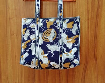Block Printed Quilted Cotton Tote Bag: Indian Shopping Handbag