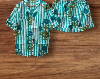Hand Printed Cotton Pajama Set: Striped Long Sleeve Sleepwear