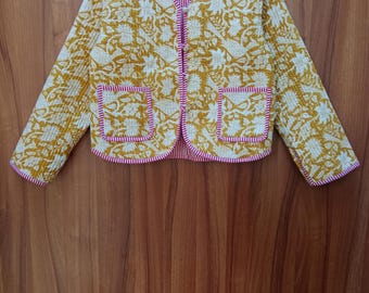 Handmade Block Print Cotton Quilted Jacket: Boho Floral Jacket