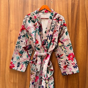 Handmade Cotton Velvet Kimono Robe: Bird Print Morning Coat