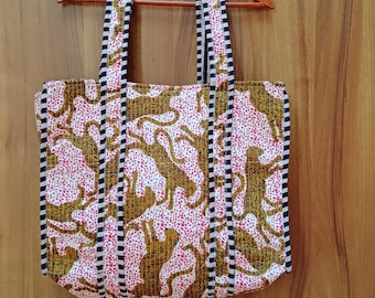 Bolso de mano con estampado de bloques hecho a mano: bolso de hombro de algodón acolchado